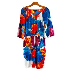 Anthro Trulli Watercolor Floral Abstract Mini Dress 8 Tie Waist w/ Pockets